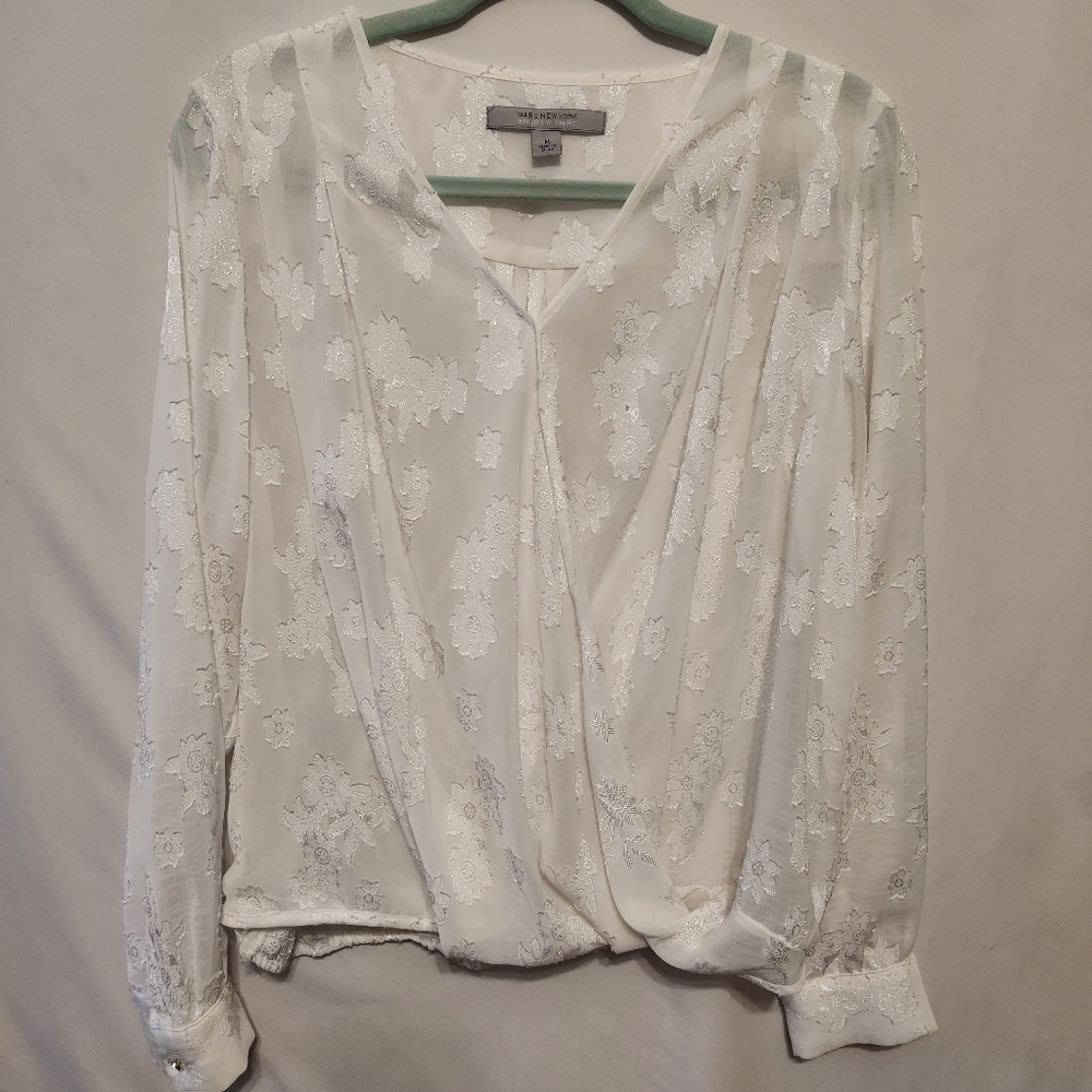 White Sheer Floral Wrap Long Sleeve Blouse